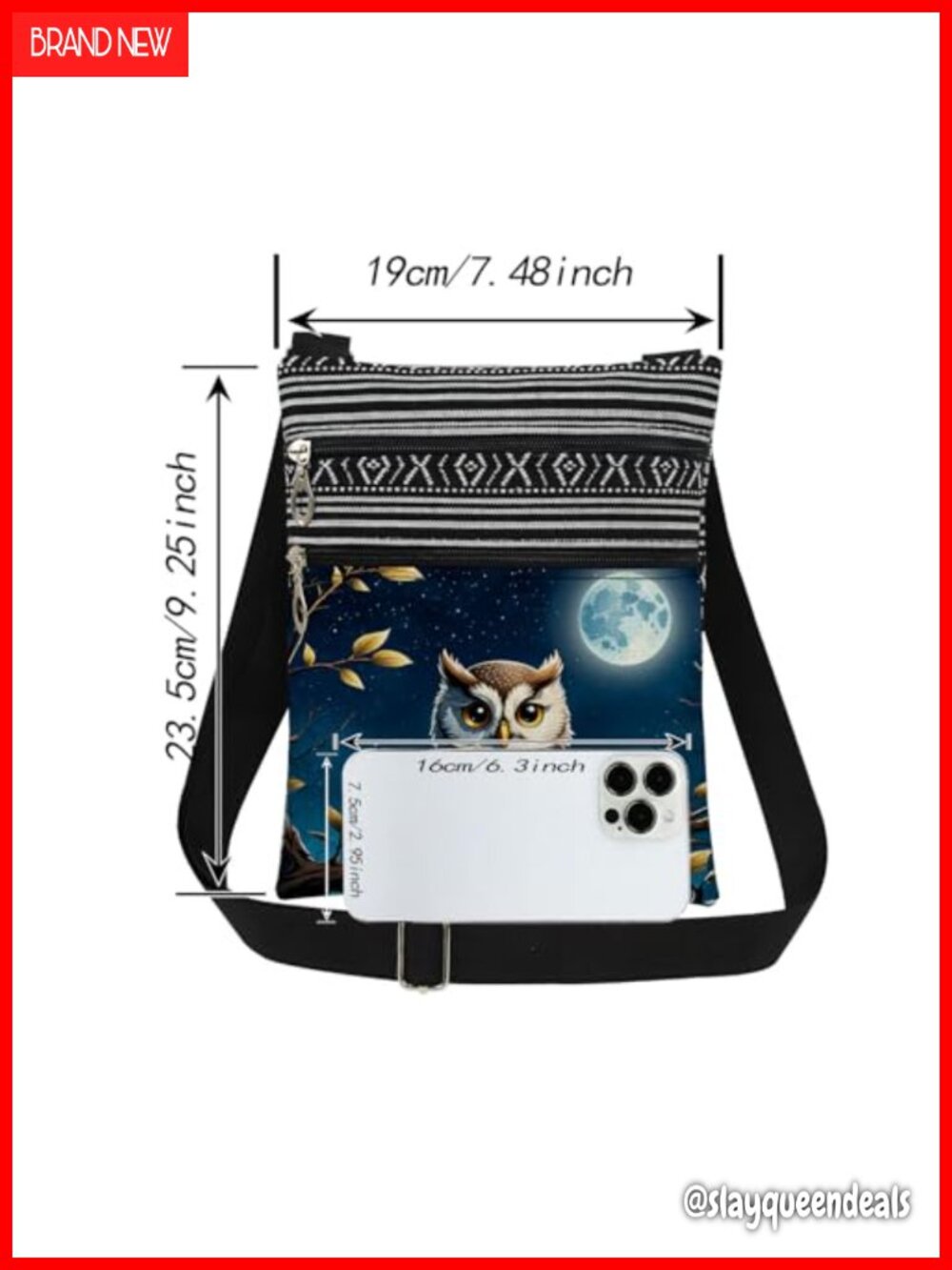 Owl Print Crossbody Bag Polyester Adjustable Strap Double Zipper - Picture 3 of 6